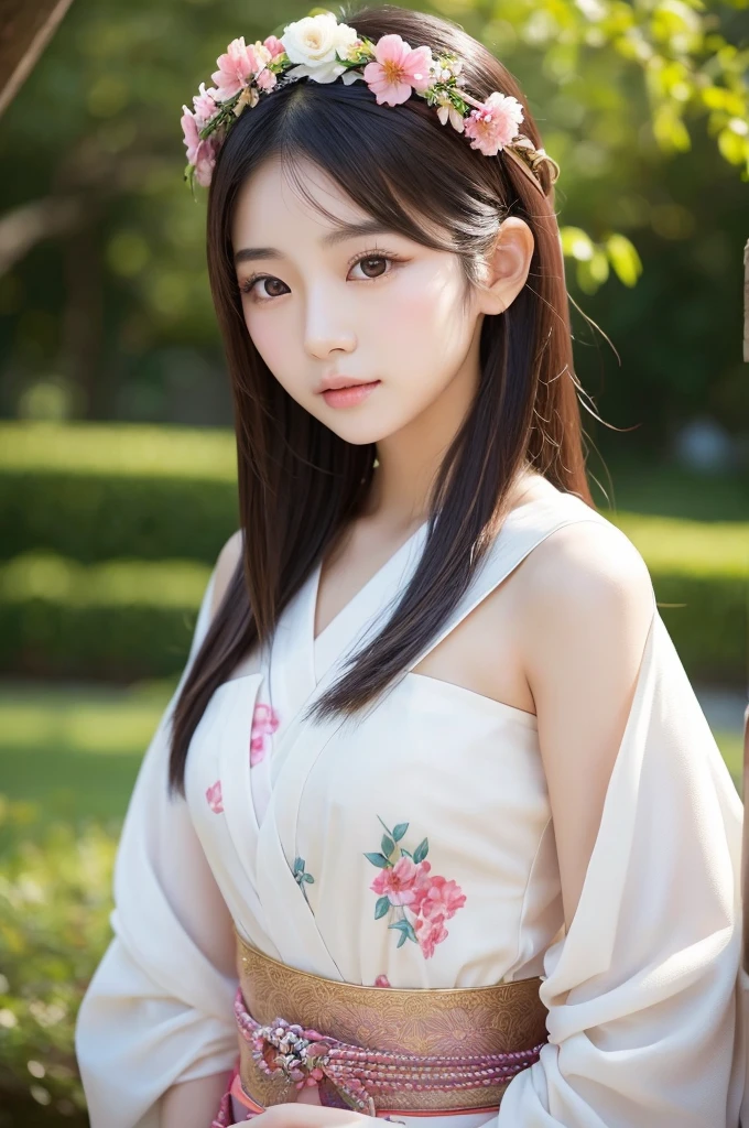 an asian woman with flowers in her hair and a flower crown on her head, beautiful japanese girls face, asian beautiful face, beautiful oriental woman, beautiful south korean woman, beautiful asian girl, beautiful asian woman, gorgeous young korean woman, feminine beautiful face, japanese model, beautiful young korean woman, of a youthful japanese beauty, cute woman, elegant japanese woman, young adorable korean face, beauty geisha, anime thai girl, very beautiful face, ultra beautiful face, beautiful face, chinese girl