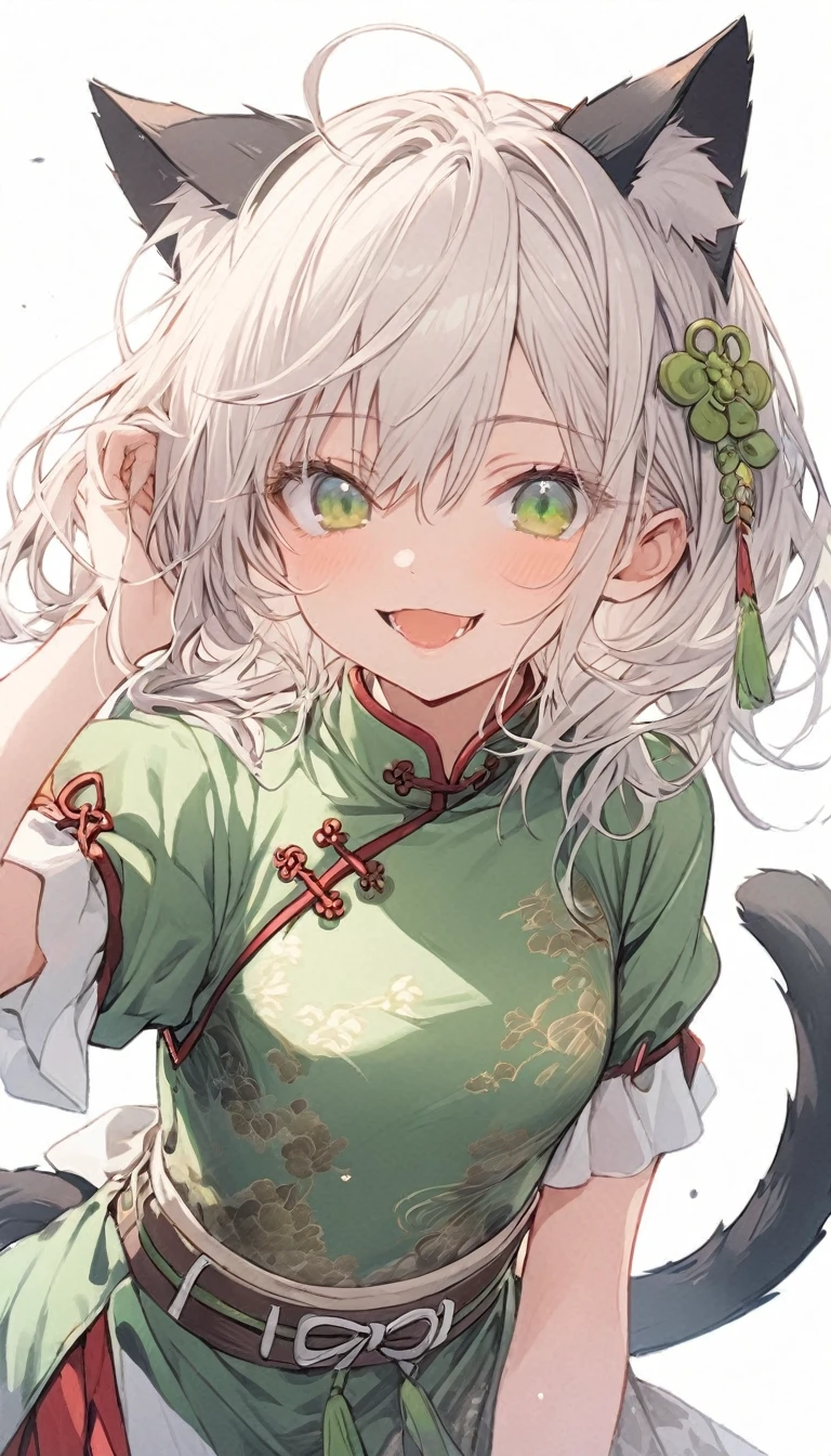 white_hair Droopy eyes Fleeting calm mild mischief Smile cute_girl cat ears Cat mouth green_eye Moe sleeves gray_Farbe_chinese_clothes Belt on torso