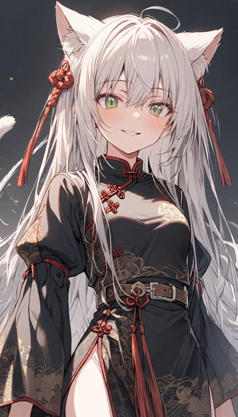 white_hair　Droopy eyes　Fleeting　calm　mild　mischief　Smile　cute_girl cat ears　Cat mouth　green_eye　Moe sleeves　gray_Farbe_chinese_clothes　Belt on torso