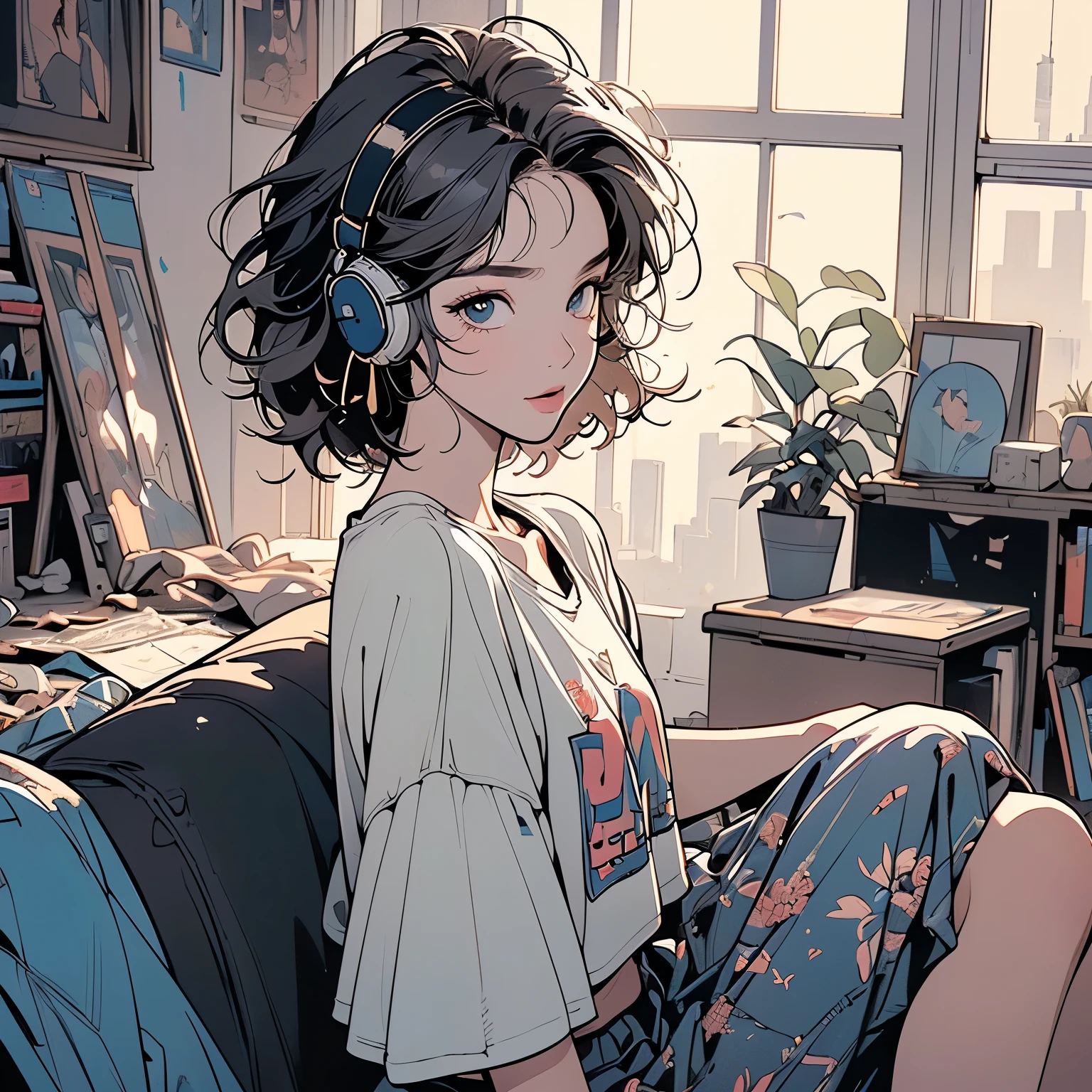 Anime girl sitting on a couch with headphones on - SeaArt AI
