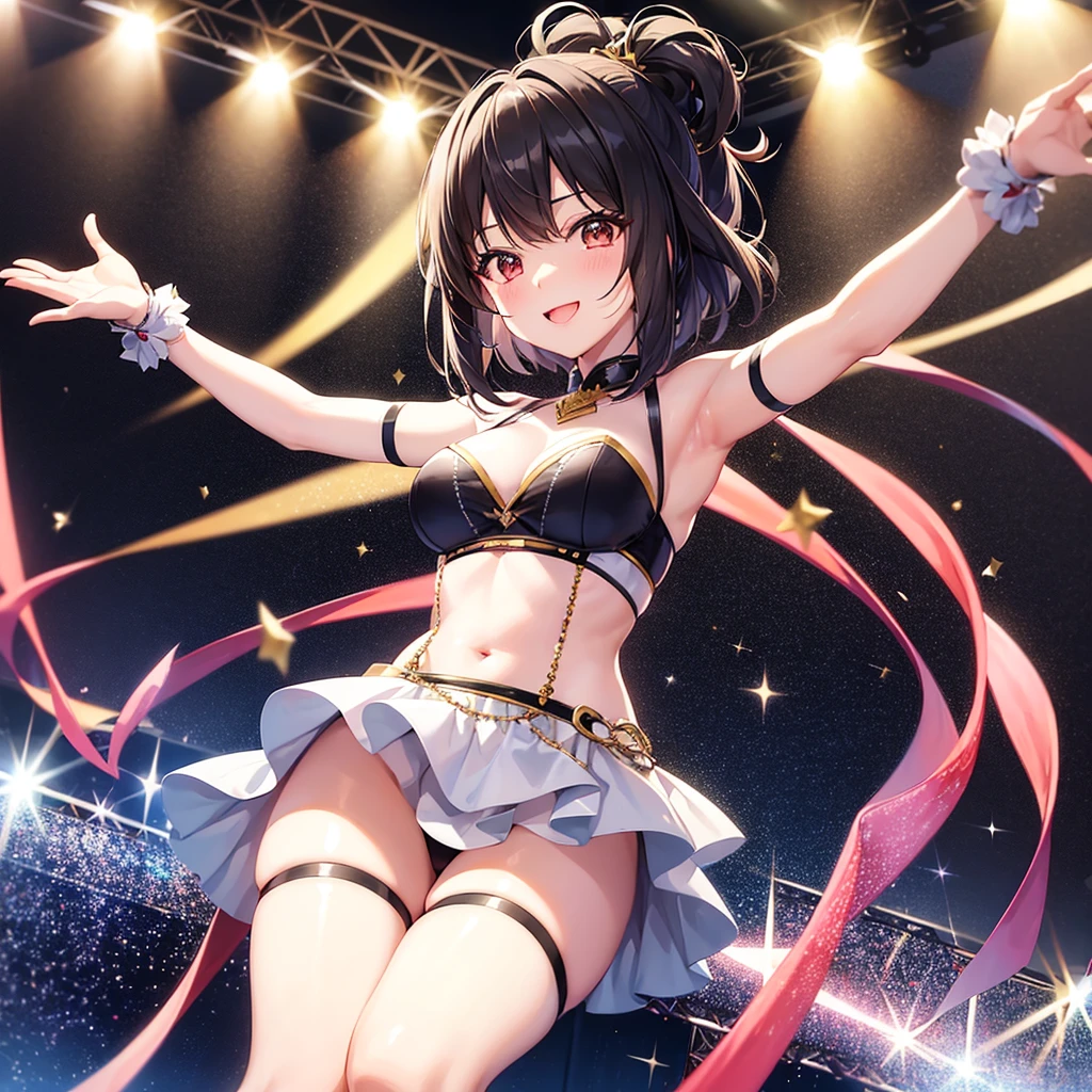 Character Name: Ayumi Hanasaki Features: Black hair side up、Prompto is a lovely girl with a cute smile.:
On the big stage、Ayumi Hanasaki is dancing and singing energetically under the spotlight.。She was wearing a sparkling idol costume.、She is taking light steps and waving to the audience.。彼女のBlack hair side upがリズムに合わせて揺れ、Her dazzling smile lights up the entire stage。Colorful lights twinkle in the background、The cheers of the audience make her performance even more exciting.。Ayumi Hanasaki's beautiful singing voice and dance come together、The venue was enveloped in excitement.。