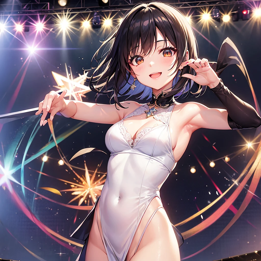 Character Name: Ayumi Hanasaki Features: Black hair side up、Prompto is a lovely girl with a cute smile.:
On the big stage、Ayumi Hanasaki is dancing and singing energetically under the spotlight.。She was wearing a sparkling idol costume.、She is taking light steps and waving to the audience.。彼女のBlack hair side upがリズムに合わせて揺れ、Her dazzling smile lights up the entire stage。Colorful lights twinkle in the background、The cheers of the audience make her performance even more exciting.。Ayumi Hanasaki's beautiful singing voice and dance come together、The venue was enveloped in excitement.。