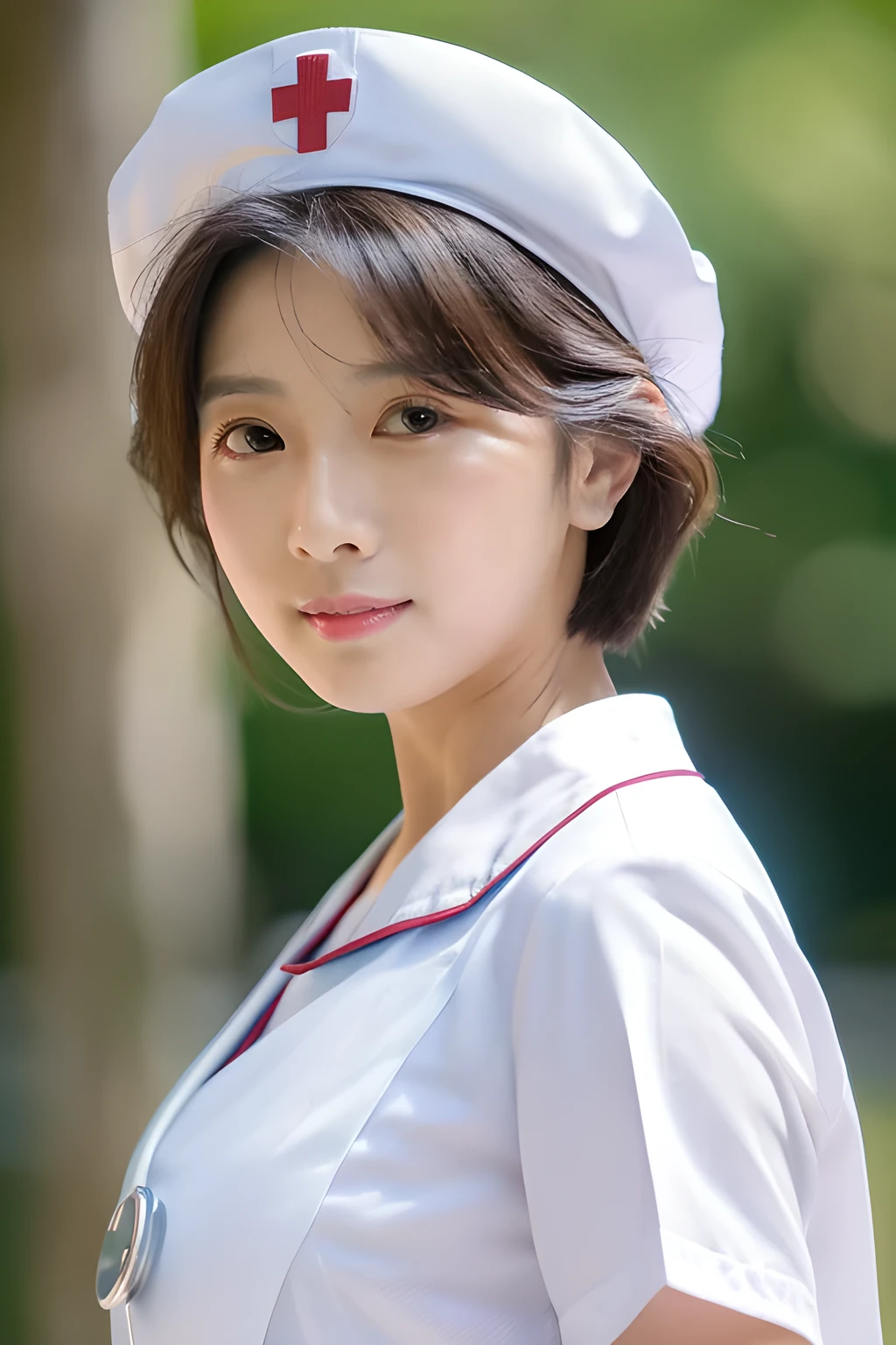 (8k, best quality, masterpiece:1.3), (Zoom out shot:1.2), (beautiful Japanese mature woman:1.3), shirt cut hair, (wearing white Nurse's uniform, Nurse's cap :1.2),