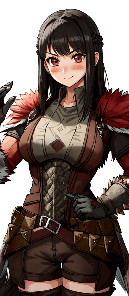 ((monsterhunter)), looking the viewer, solo, girl, shy, red cheek, bashful, embarrassed, smiling, happy, perfect face, muscular, long hair, beautiful eye, warrior, upper body