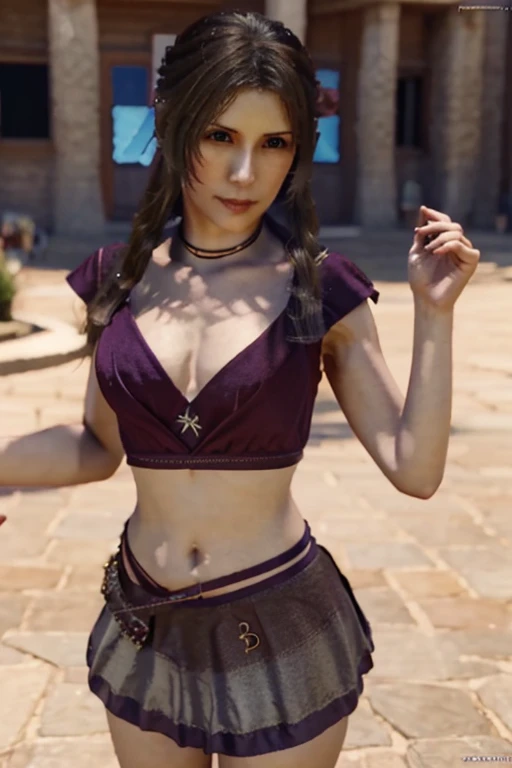 Iris Final Fantasy with a bow ribbon on her hair, in a mini skirt, top and large neckline in fantasy clothes, medieval background and art style 3D erotica