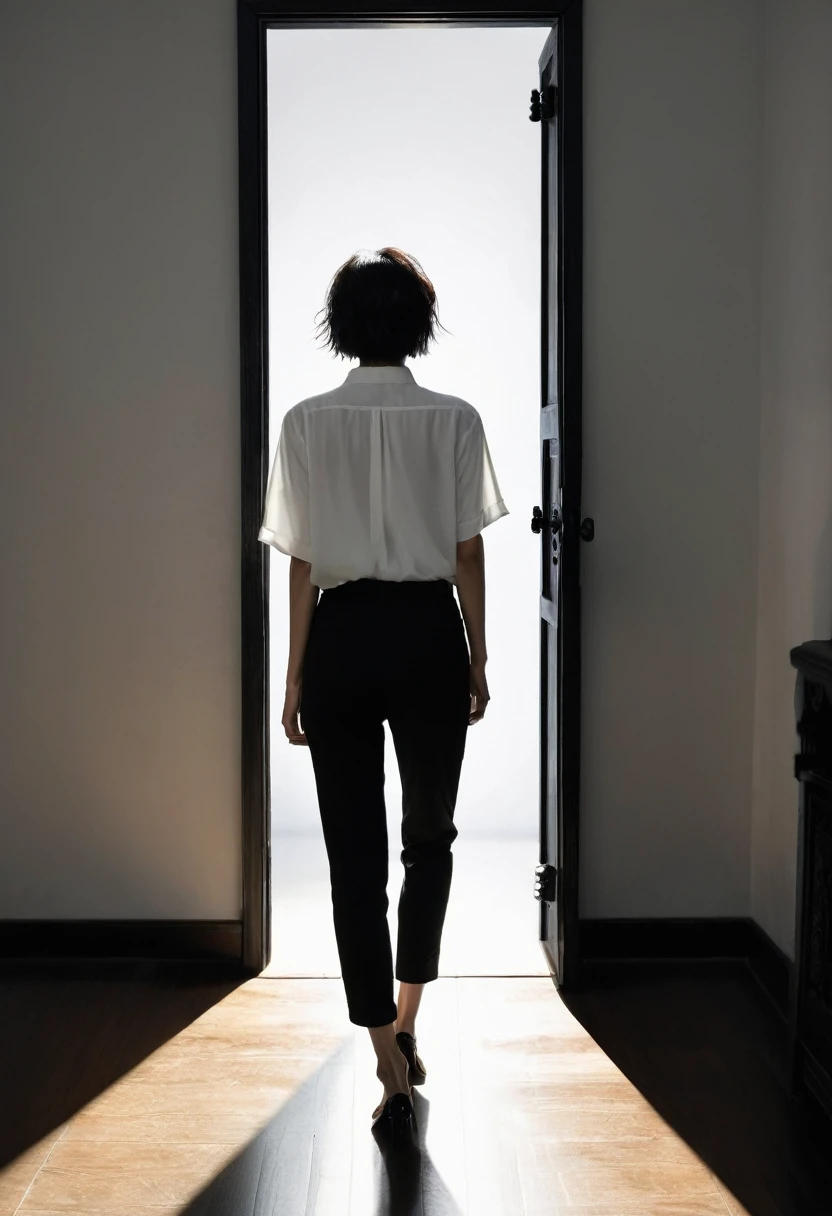 A plain white shirt and black pants,Back view of a woman with messy short hair,She walked through a black door,Black inside door。She was illuminated by the light and three shadows were cast into the door。The shadow is other than the woman's own,There are two shadows, one male and one female, on the left and right.。Bird's-eye view。It's far from the lens