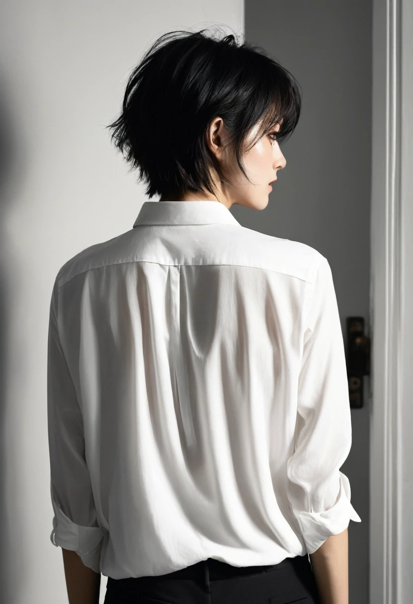 A plain white shirt and black pants，Back view of a woman with messy short hair，She walked through a black door，Black inside door。She was illuminated by the light and three shadows were cast into the door。The shadow is other than the woman&#39;s own，There are two shadows, one male and one female, on the left and right.。Bird&#39;s-eye view。It's far from the lens