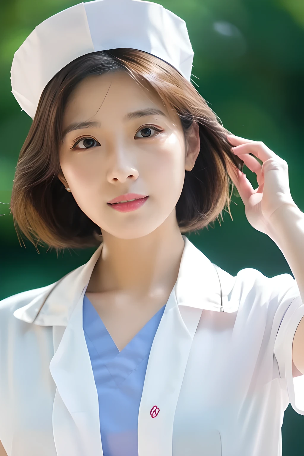 (8k, best quality, masterpiece:1.3), (Zoom out shot:1.2), (beautiful Japanese mature woman:1.3), shirt cut hair, (wearing white Nurse's uniform, Nurse's cap :1.2),