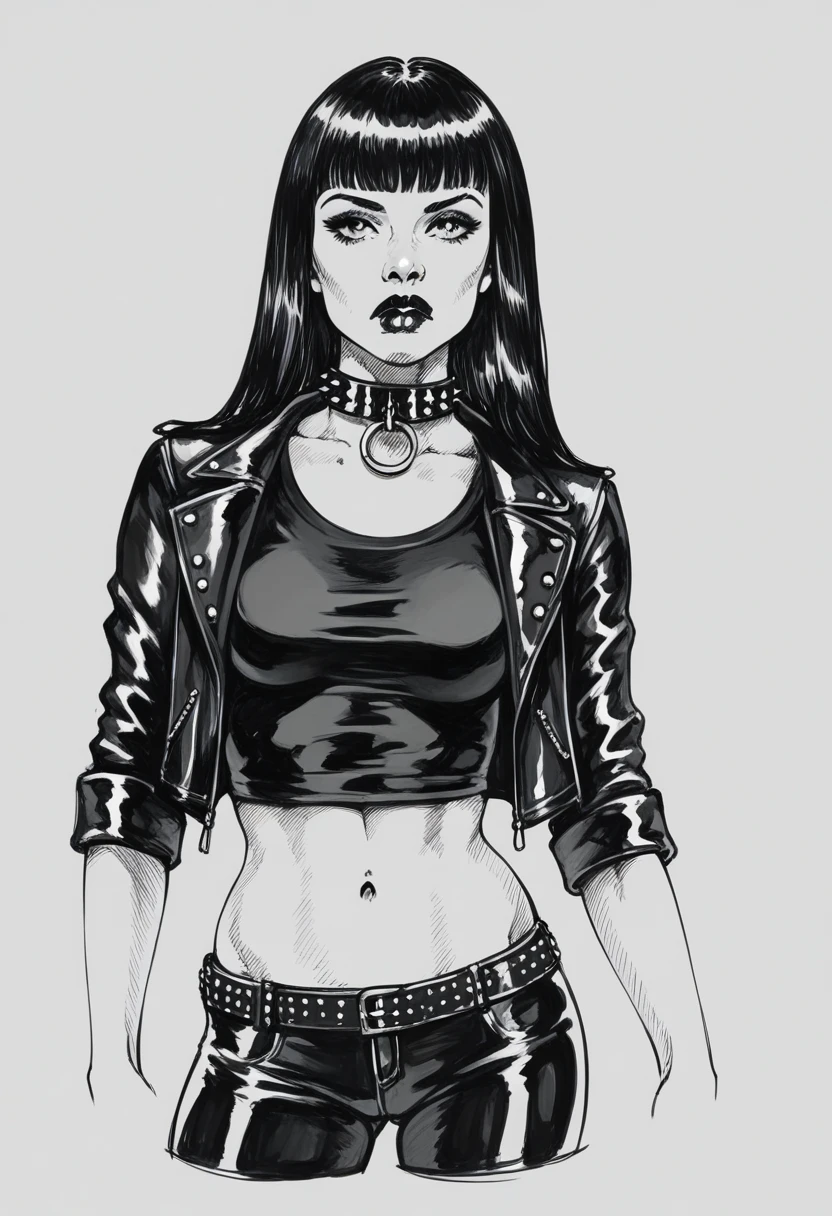 score_9, score_8_up, score_7_up, score_6_up, sp1t, sketch, detailed hatching, monochrome, pale, smooth skin,, long straight black hair, blunt bangs, full lips, slender physique, leather jacket, biker shirt, studded collar, black pants, black lips, scowl, centered