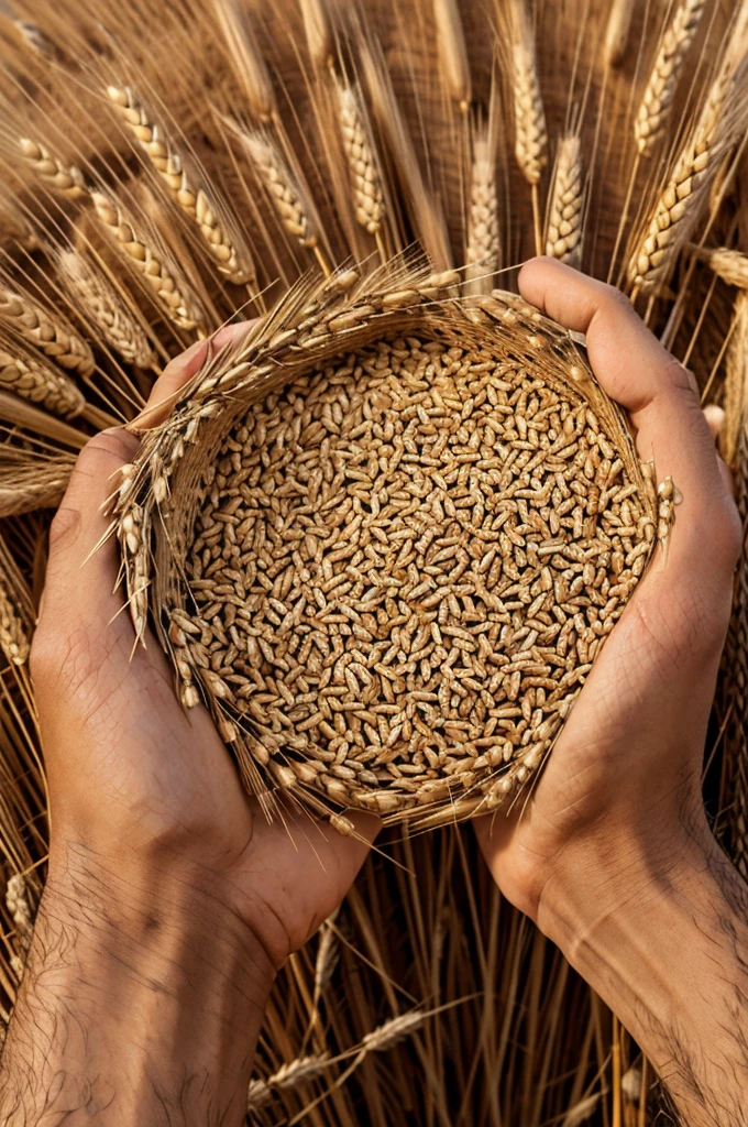 A close-up of Karim’s weathered hands holding grains of wheat.