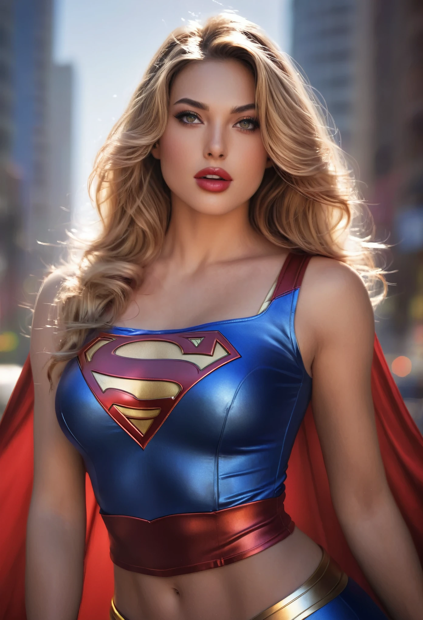 Sexy superheroine wavy Supergirl portrait photography by artgerm, in the style of realism, glistening skin, cartooncore, mangacore, natural lighting, Defined full lips. Muscular fitness feminine body (