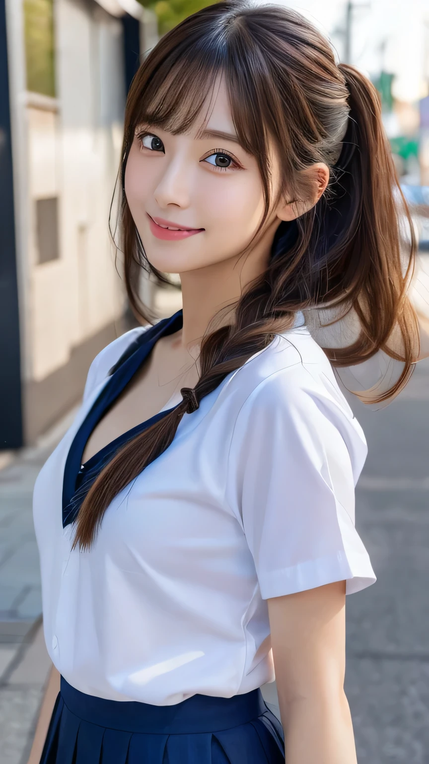 (masterpiece:1.3), (8K, Photorealistic, Raw photo, Best image quality: 1.4), Japanese schoolgirl、A full-body shot facing forward,Less exposure、Trendy clothes,Medium Hair,Natural color lip,(Random Hairstyles:1.2)、Cleavage:1.2、Super detailed face、Attention to detail、double eyelid、Put your chest together、Sharp focus:1.2、Beautiful woman:1.4、Highest quality、masterpiece、超A high resolution、(Photorealistic:1.4)、Highly detailed and professionally lit smile、
