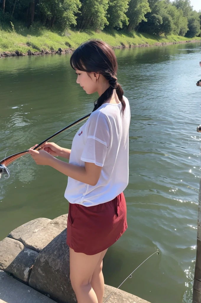 A beautiful and cute woman fishing by the river