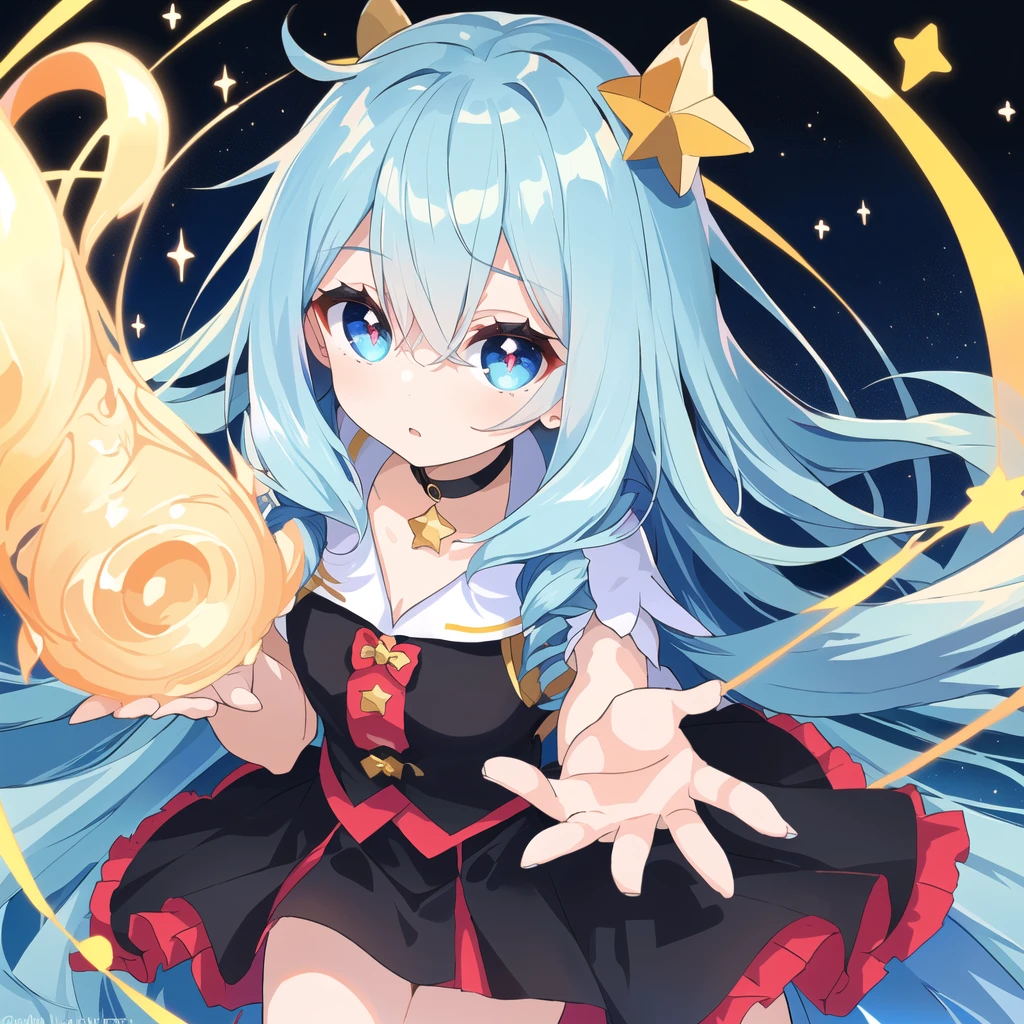 ((Highest quality)), ((masterpiece)), (detailed), One girl, anime, skirt, Face close-up, (Long Hair, Curly Hair, Light blue hair, Straight bangs, Hime cut), Idol, ribbon, Frills, fluffy, (Big eyes, Droopy eyes, Dark circles under the eyes, Lower eyelid corners droop), Tanabata, star, moon, Sparkling