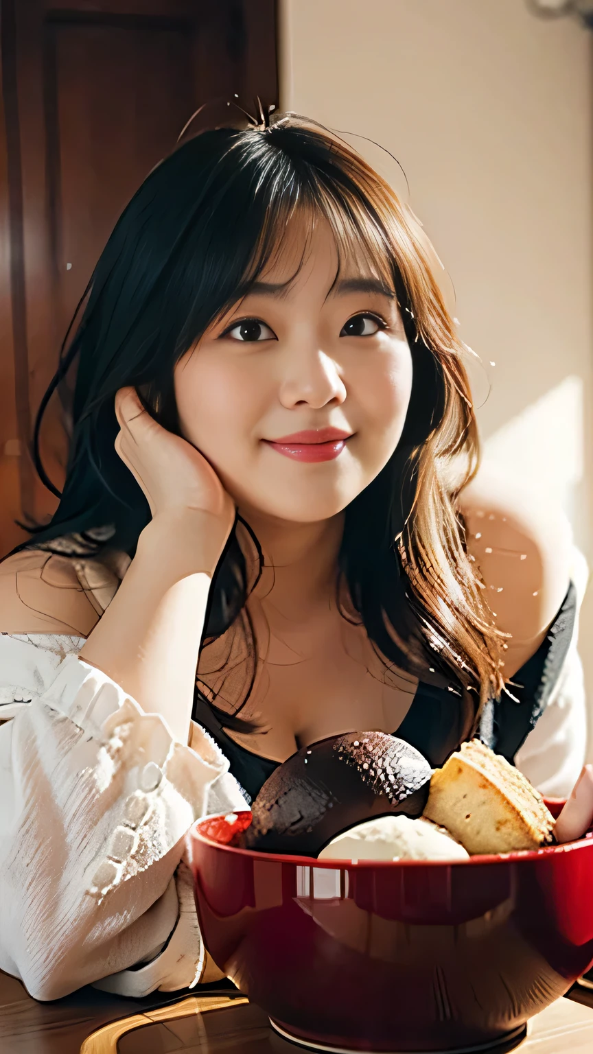 Fat Woman, Obese, Big Size, Round face, Double chin, Overweight,Shoulder-length fluffy hair , Eating deliciously,Looking at the camera,smile、