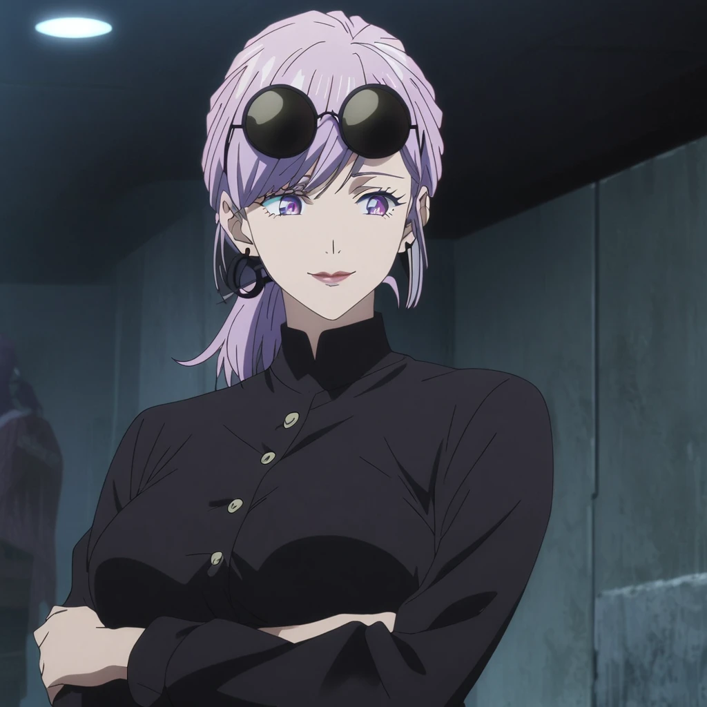 1girl, female gojo satoru, anime screencap from jujutsu kaisen, gojo satoru female version, solo, short ponytail, ((purple universal eyes)) ((purple_hair)), night view, (hanging breasts) upper_body, smile, indoors, book, purple_eyes, lips, (swept bangs) ((wearing black colour outfit with button)) breast, "very detailed and high resolution" (purple eyes) (((cross arms))) ((short ponytail)) ((solo)) (front view) (earings) ((high resolution)) ((good quality)) ((swept bangs)) (purple hair)) ((wearing round sunglasses on the head))
