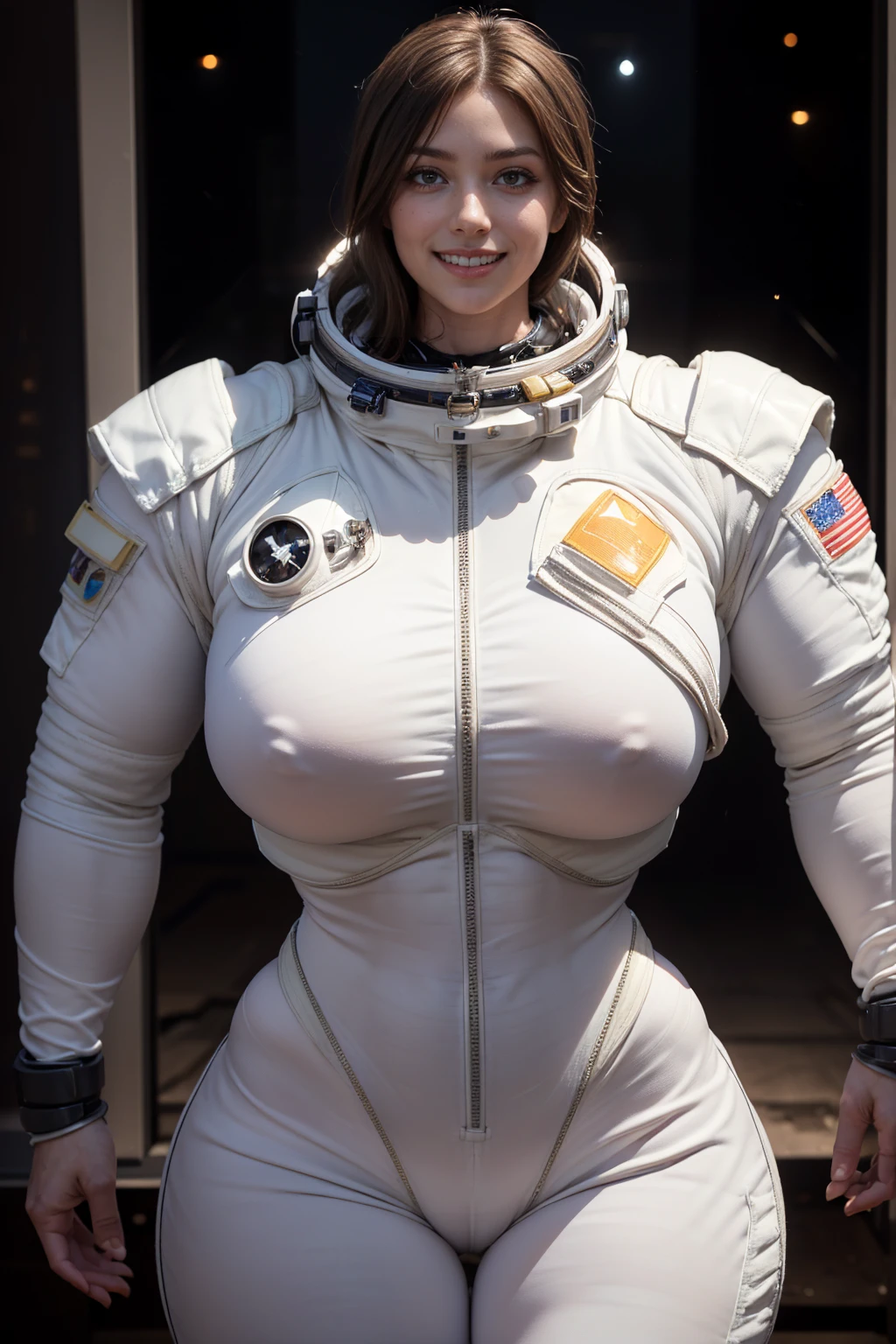 (Muscular:1.8), (thick thighs:1.2), (large round breasts:1), (large muscular chest and shoulders:1), FEMALE, brown hair, long brown hair, (big smile:1.2), (wearing tight white Space suit:1.6), looking at viewer, (three quarter view:1.3), upper body view, (dark lab at night:1.5), (dark lighting:2), detailed skin, detailed eyes, (clean skin:1.5), (very thin waist:1.6), (huge body muscles:2), (one protagonist:1.5),
