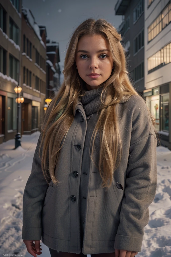 professional portrait photograph of a gorgeous Norwegian girl in winter clothing with long wavy blonde hair, sultry flirty look, gorgeous symmetrical face, cute natural makeup, wearing elegant warm winter fashion clothing, ((standing outside in snowy city street)), stunning modern urban environment, ultra realistic, concept art, elegant, highly detailed, intricate, sharp focus, depth of field, f/1. 8, 85mm, medium shot, mid shot, (((professionally color graded))), bright soft diffused light, (volumetric fog), trending on instagram, hdr 4k, 8k