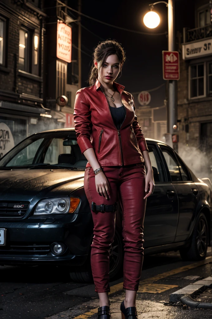 1girl, (realistic),(hyperrealism),(best quality),(masterpiece),(ultra high res),(photorealistic),idol,eye makeup,detailed eyes,detailed face,black dress, claireredfield2, brown hair, (red jacket:1.2), ponytail, (denim pants:1.3),,  red wristband, grey inner bra,,  abandoned street, burning cars in background, littered street, smoke, chaos, zombie apocalypse, nighttime, streetlamp illumination, full moon,,  flirting, looking at viewer, selfie