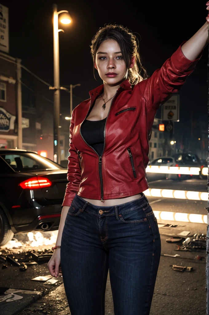 1girl, (realistic),(hyperrealism),(best quality),(masterpiece),(ultra high res),(photorealistic),idol,eye makeup,detailed eyes,detailed face,black dress, claireredfield2, brown hair, (red jacket:1.2), ponytail, (denim pants:1.3),, red wristband, grey inner bra,, abandoned street, burning cars in background, littered street, smoke, chaos, zombie apocalypse, nighttime, streetlamp illumination, full moon,, flirting, looking at viewer, selfie