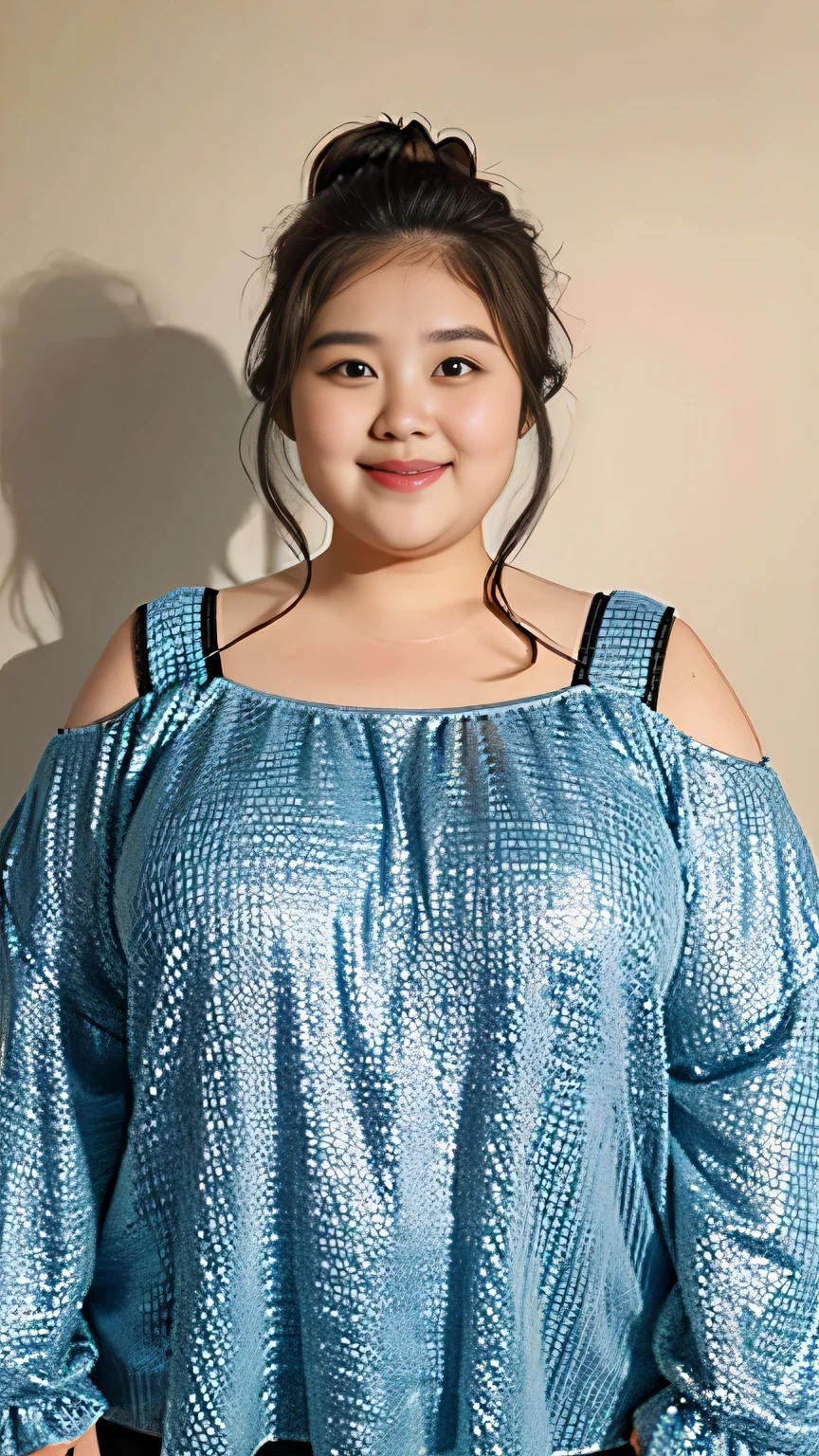 Fat Woman， Obese, Big Size, Round face, Double chin, Overweight,Shoulder-length fluffy hair ,Trendy clothes、 Showing the whole body facing forward，Looking at the camera，smile、