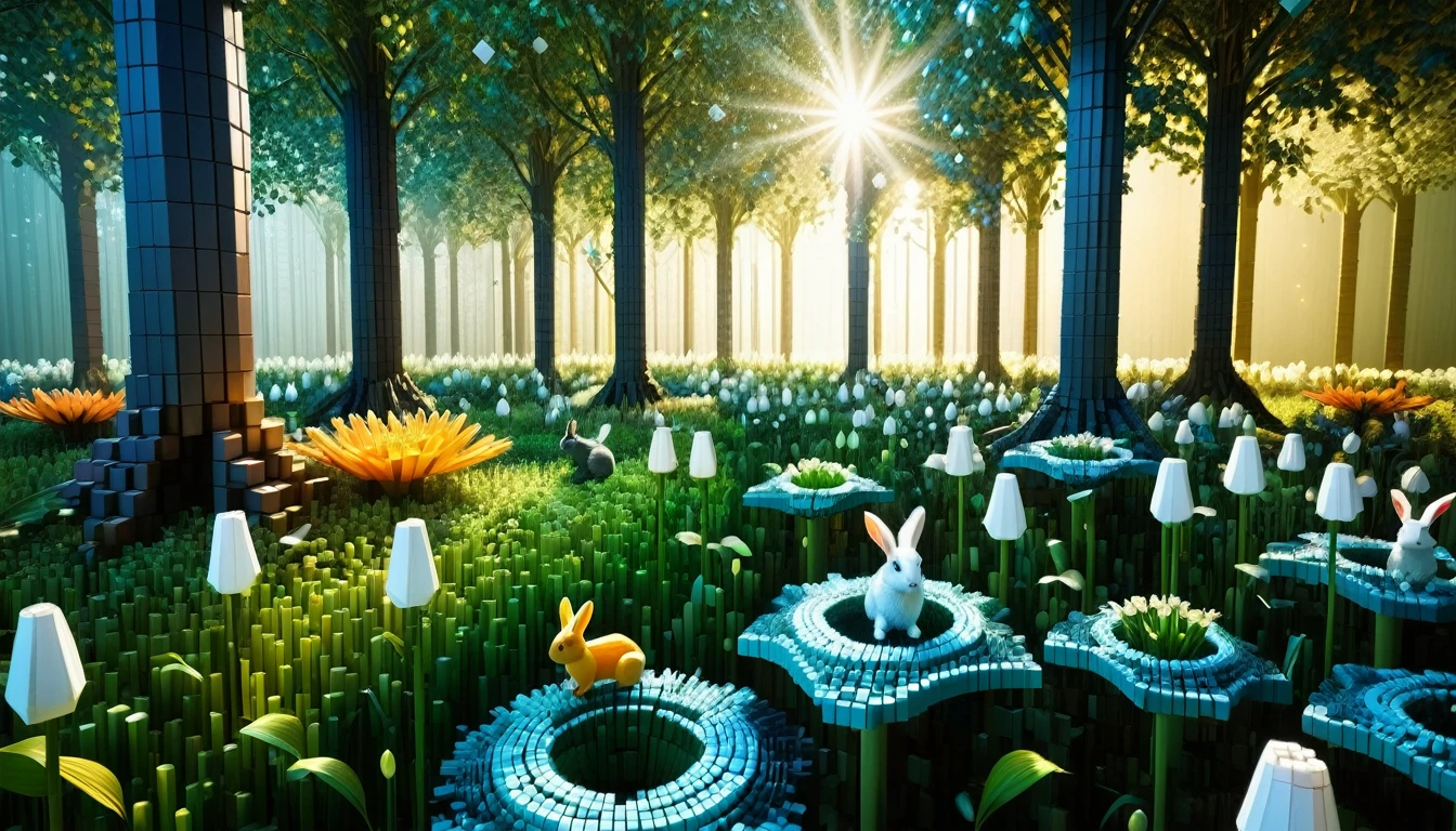 An enchanted forest made up of RAL-3D cubes, There are lots of small animals,Surrounded by fantastic light,Very beautiful secret forest,Small rabbits and lilies are gathered together