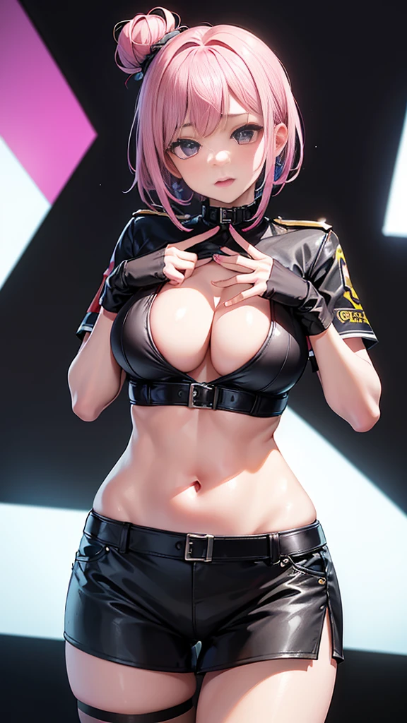 Top Quality, 8K, 4K, High Definition, Detail, (better-quality, 8K, 12), top-quality, 1 girl、purple short bob hair clip tied into a bun、black eyeedium breasts、uniform、gray jacket with pink line, fingerless gloves、thighs、Ilcha fousing on her, surprise face, having her hands her face, making cute surprise expressing. picture pose, she is standing up, she has a loil pop in her mouth, (she up close only showing face and her chest.)
