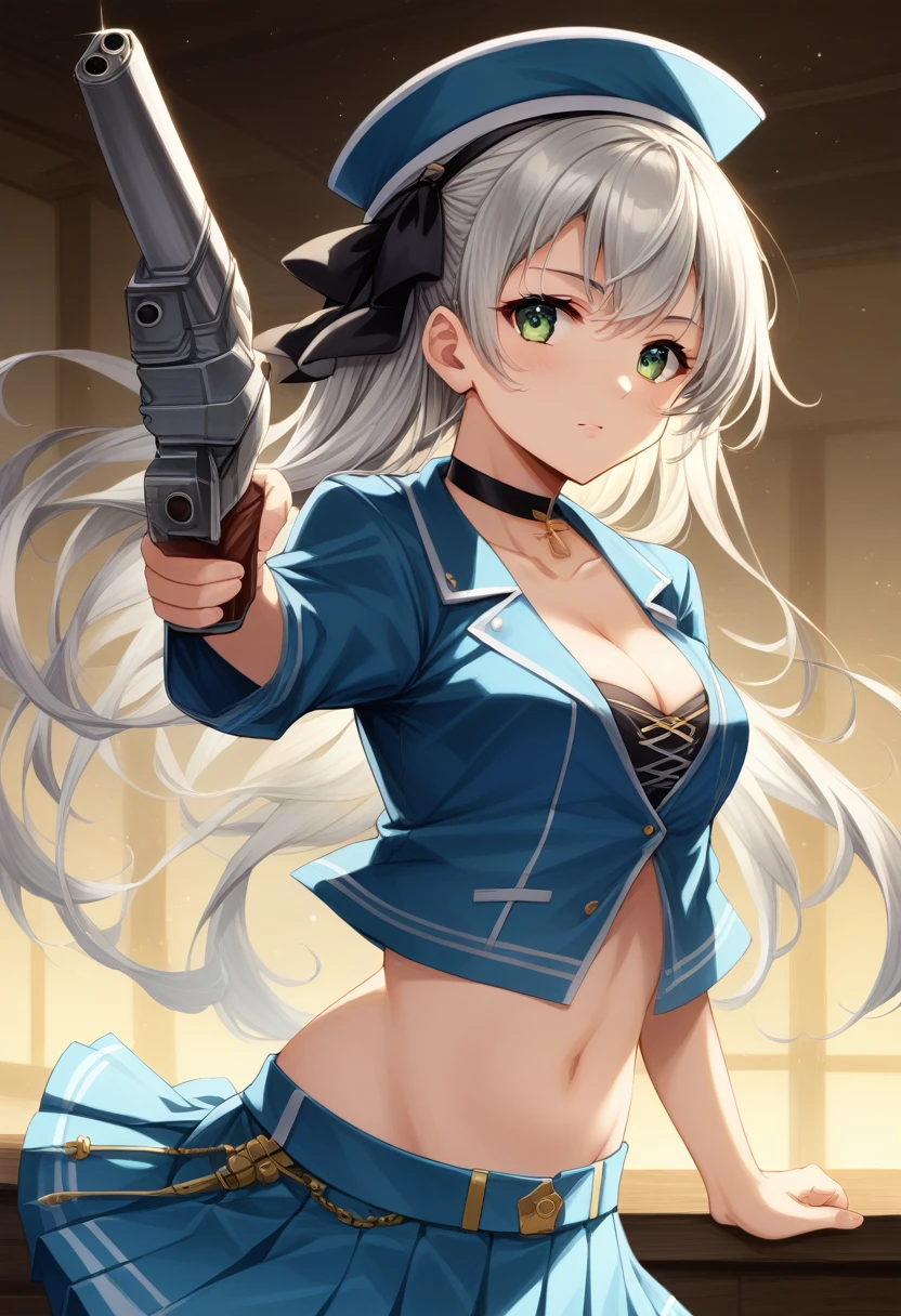 score_9,score_8_up,score_7_up,score_6_up,score_5_up,score_4_up, ,source_anime BREAK,from side,front view,(soro focus),,straight-on,standing,,looking at viewer,masterpiece, best quality, very aesthetic, absurdres,extremely detailed CG unity 8k wallpaper,cinematic angle, great lighting, detailed shadows,detailed body, anime artwork, anime style, key visual, vibrant,studio anime, highly detailed, anime coloring,raceElie, hairband, choker, blue hat, blue jacket, cropped jacket, cleavage, midriff, blue shorts, pleated skirt,holding a gun,silver gun,aiming at viewer, (focused gun), (zoom in upper body:1.3),