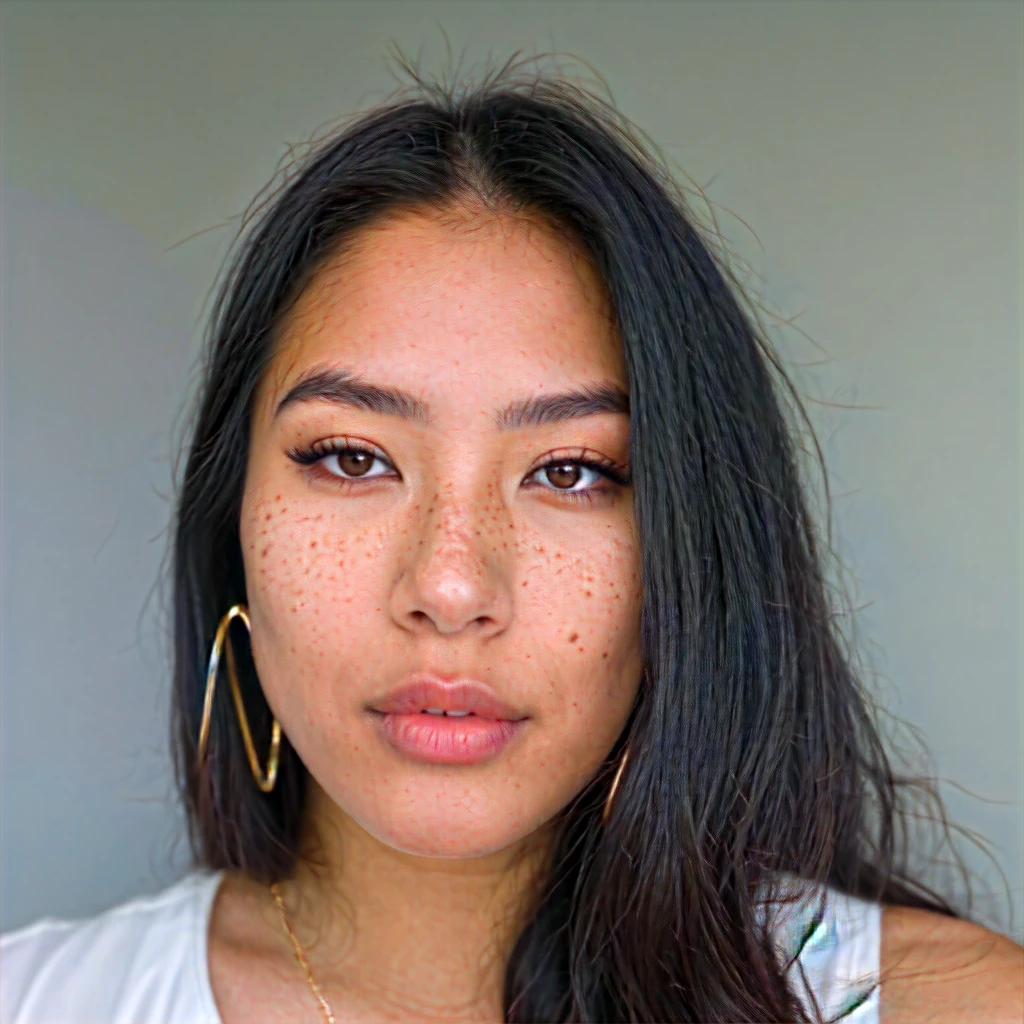 A young 19-year-old woman named Lila Nakamura with a mixed Asian and American heritage. She has thick dark black eyeliner, glossy lips, and a neutral to slight smile expression. She has straight, black hair with blonde highlights that falls just past her shoulders, styled in a neat and polished manner. Her eyes are almond-shaped with a light hazel color, accentuated by subtle eyeshadow and mascara. Her skin has a light to medium tone with a natural, fresh look, and she has a few delicate freckles across her nose. She is wearing a simple, professional outfit, consisting of a white blouse and dark jeans, and accessorized with small gold hoop earrings. The background is a neutral studio setting with soft lighting to highlight her features.