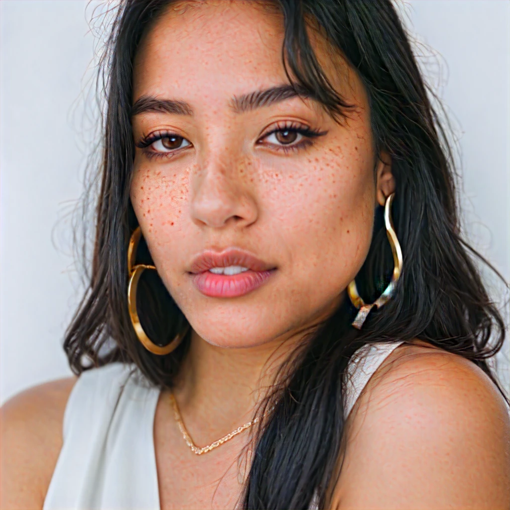A young 19-year-old woman named Lila Nakamura with a mixed Asian and American heritage. She has thick dark black eyeliner, glossy lips, and a neutral to slight smile expression. She has straight, black hair with blonde highlights that falls just past her shoulders, styled in a neat and polished manner. Her eyes are almond-shaped with a light hazel color, accentuated by subtle eyeshadow and mascara. Her skin has a light to medium tone with a natural, fresh look, and she has a few delicate freckles across her nose. She is wearing a simple, professional outfit, consisting of a white blouse and dark jeans, and accessorized with small gold hoop earrings. The background is a neutral studio setting with soft lighting to highlight her features.