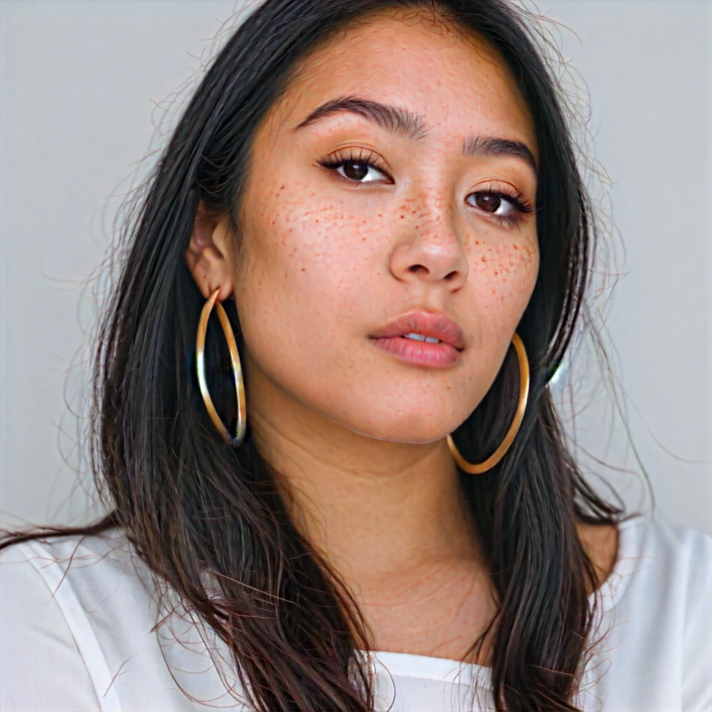 A young 19-year-old woman named Lila Nakamura with a mixed Asian and American heritage. She has thick dark black eyeliner, glossy lips, and a neutral to slight smile expression. She has straight, black hair with blonde highlights that falls just past her shoulders, styled in a neat and polished manner. Her eyes are almond-shaped with a light hazel color, accentuated by subtle eyeshadow and mascara. Her skin has a light to medium tone with a natural, fresh look, and she has a few delicate freckles across her nose. She is wearing a simple, professional outfit, consisting of a white blouse and dark jeans, and accessorized with small gold hoop earrings. The background is a neutral studio setting with soft lighting to highlight her features.
