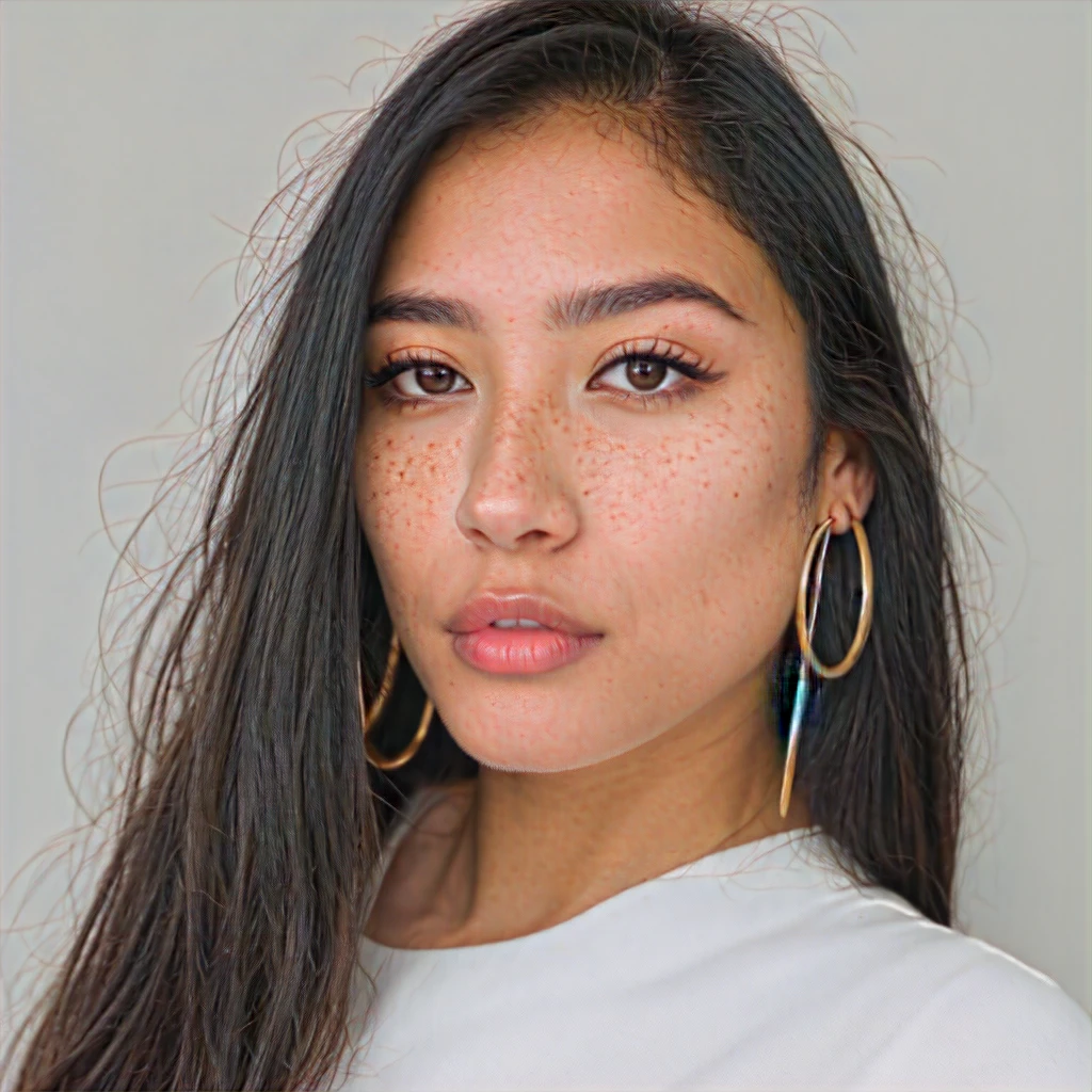 A young 19-year-old woman named Lila Nakamura with a mixed Asian and American heritage. She has thick dark black eyeliner, glossy lips, and a neutral to slight smile expression. She has straight, black hair with blonde highlights that falls just past her shoulders, styled in a neat and polished manner. Her eyes are almond-shaped with a light hazel color, accentuated by subtle eyeshadow and mascara. Her skin has a light to medium tone with a natural, fresh look, and she has a few delicate freckles across her nose. She is wearing a simple, professional outfit, consisting of a white blouse and dark jeans, and accessorized with small gold hoop earrings. The background is a neutral studio setting with soft lighting to highlight her features.