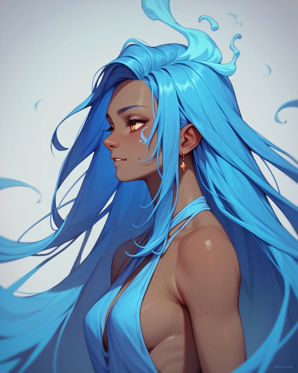 1girl, solo, ghost girl, long hair, masterpiece, best quality, high quality, girl focus, blue skin, blue hair, brown skin color
