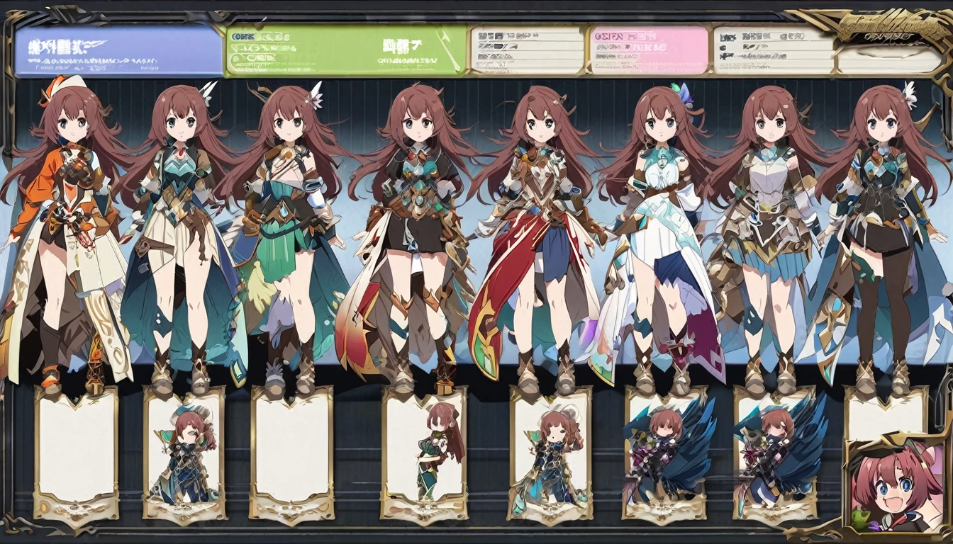 character design board, anime girl, design, just one character, clothes, rotation, fantasy clothes, complex design