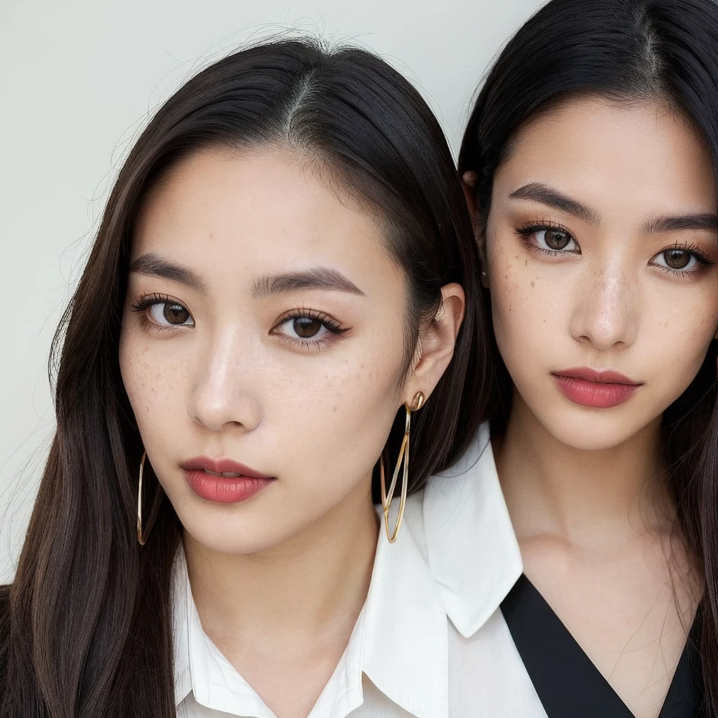 A young 19-year-old woman named Lila Nakamura with a mixed Asian and American heritage. She has thick dark black eyeliner, glossy lips, and a neutral to slight smile expression. She has straight, black hair with blonde highlights that falls just past her shoulders, styled in a neat and polished manner. Her eyes are almond-shaped with a light hazel color, accentuated by subtle eyeshadow and mascara. Her skin has a light to medium tone with a natural, fresh look, and she has a few delicate freckles across her nose. She is wearing a simple, professional outfit, consisting of a white blouse and dark jeans, and accessorized with small gold hoop earrings. The background is a neutral studio setting with soft lighting to highlight her features.
