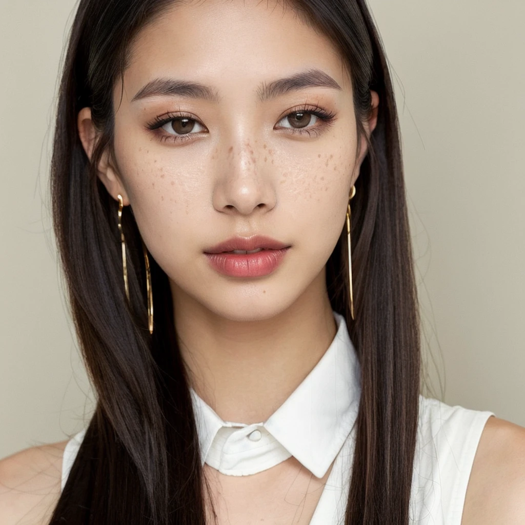A young 19-year-old woman named Lila Nakamura with a mixed Asian and American heritage. She has thick dark black eyeliner, glossy lips, and a neutral to slight smile expression. She has straight, black hair with blonde highlights that falls just past her shoulders, styled in a neat and polished manner. Her eyes are almond-shaped with a light hazel color, accentuated by subtle eyeshadow and mascara. Her skin has a light to medium tone with a natural, fresh look, and she has a few delicate freckles across her nose. She is wearing a simple, professional outfit, consisting of a white blouse and dark jeans, and accessorized with small gold hoop earrings. The background is a neutral studio setting with soft lighting to highlight her features.