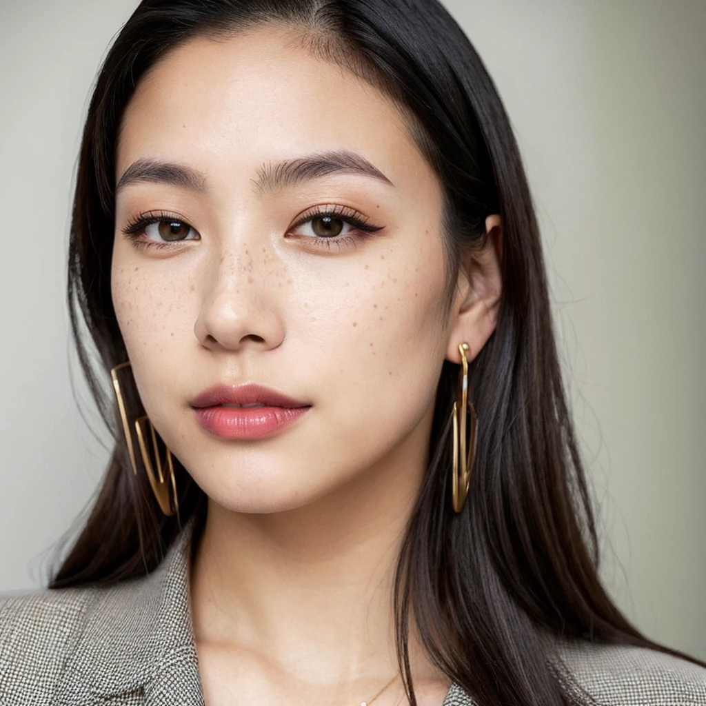 A young 19-year-old woman named Lila Nakamura with a mixed Asian and American heritage. She has thick dark black eyeliner, glossy lips, and a neutral to slight smile expression. She has straight, black hair with blonde highlights that falls just past her shoulders, styled in a neat and polished manner. Her eyes are almond-shaped with a light hazel color, accentuated by subtle eyeshadow and mascara. Her skin has a light to medium tone with a natural, fresh look, and she has a few delicate freckles across her nose. She is wearing a simple, professional outfit, consisting of a white blouse and dark jeans, and accessorized with small gold hoop earrings. The background is a neutral studio setting with soft lighting to highlight her features.