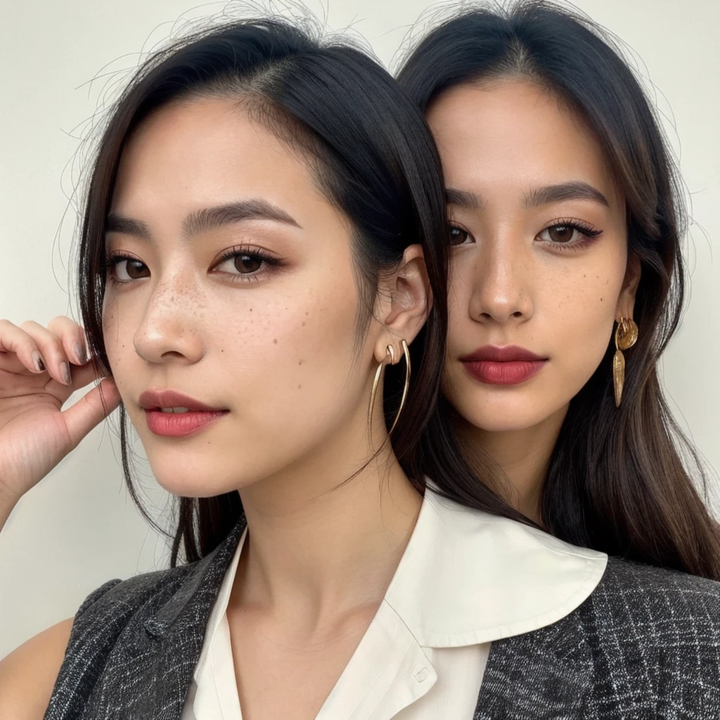 A young 19-year-old woman named Lila Nakamura with a mixed Asian and American heritage. She has thick dark black eyeliner, glossy lips, and a neutral to slight smile expression. She has straight, black hair with blonde highlights that falls just past her shoulders, styled in a neat and polished manner. Her eyes are almond-shaped with a light hazel color, accentuated by subtle eyeshadow and mascara. Her skin has a light to medium tone with a natural, fresh look, and she has a few delicate freckles across her nose. She is wearing a simple, professional outfit, consisting of a white blouse and dark jeans, and accessorized with small gold hoop earrings. The background is a neutral studio setting with soft lighting to highlight her features.