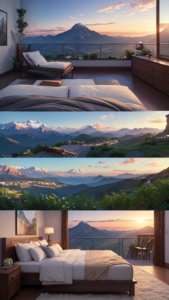 (masterpiece,Highest quality:8K) Affordable bedroom with mountain views and balcony, Beautiful views, A soothing and comfortable landscape, Detailed view, Instagram photos Nice views, beautifully、aesthetic, Beautiful nature in the background, Amazing scenery in the background, 8K Photorender Reality Engine, Beautiful views, Overlooking the valley, Nice views, beautiful place, paradise in the background