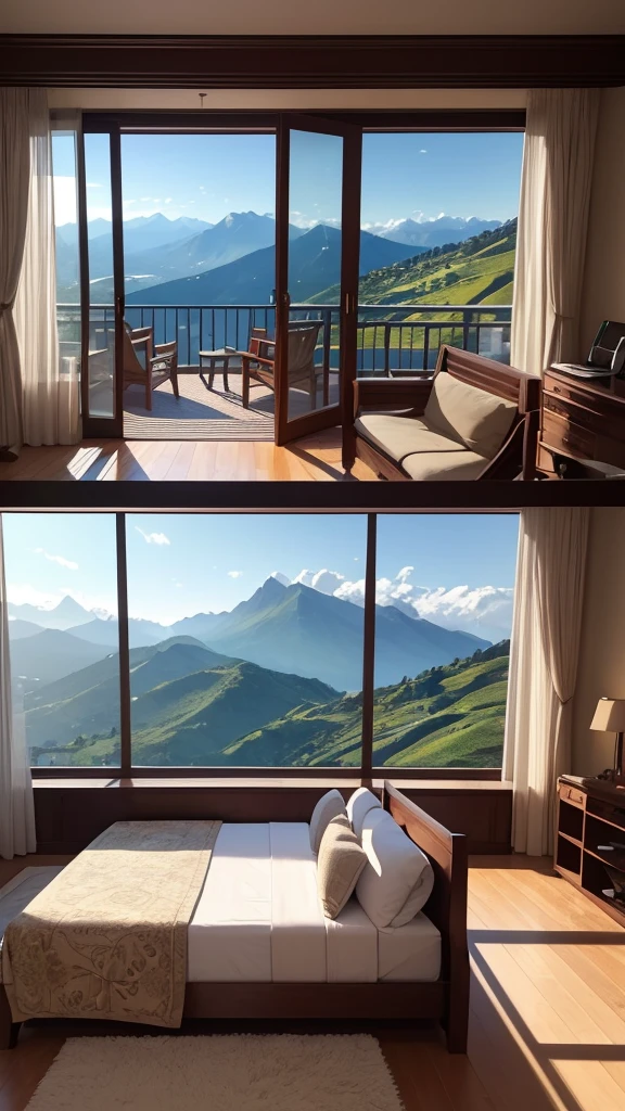 (masterpiece,Highest quality:8K) Affordable bedroom with mountain views and balcony, Beautiful views, A soothing and comfortable landscape, Detailed view, Instagram photos Nice views, beautifully、aesthetic, Beautiful nature in the background, Amazing scenery in the background, 8K Photorender Reality Engine, Beautiful views, Overlooking the valley, Nice views, beautiful place, paradise in the background