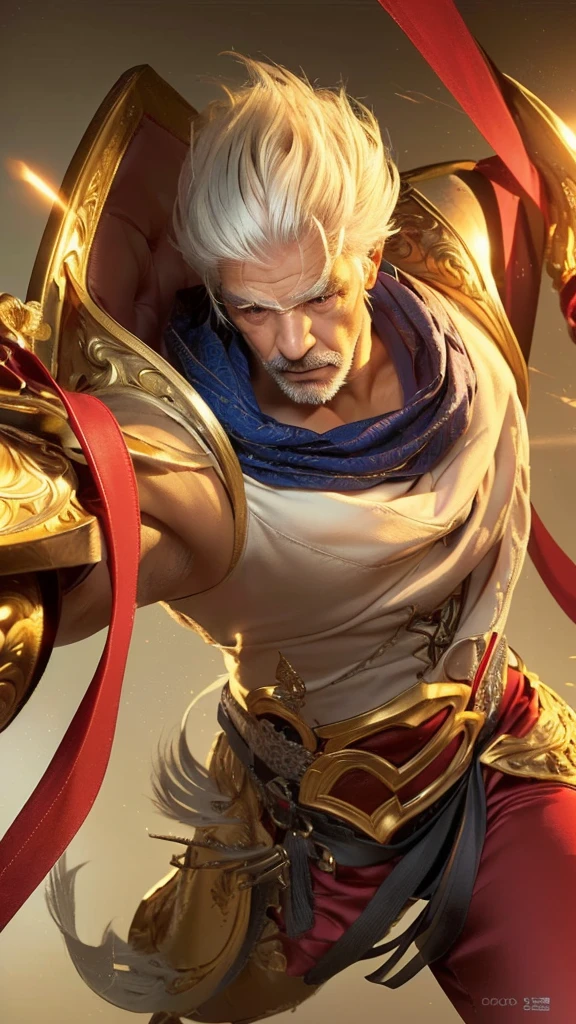intricate portrait of an elderly man with striking white hair, piercing blue eyes, defined facial features, detailed skin texture, gentle expression, ornate clothing, dramatic lighting, cinematic composition, photorealistic, 8k, best quality, cinematic, chiaroscuro lighting, dramatic contrasts, highly detailed