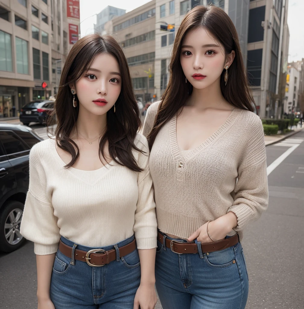 1girl, long hair, brown hair, black hair, jewelry, earrings, outdoors, solo focus, belt, pants, lips, denim, building, jeans, city, realistic, road, street, real world location, denim jacket,Masterpiece,zxbjns, best quality, illustration, Extremely detailed, Fine details, high resolution, 8k wallpaper, Perfect dynamic composition, Beautiful and delicate eyes, Natural lip shape, Sexy knitted dress ,Medium breasts, cleveage, Casual sexy poses, The whole body is covered in mud，Face on the body