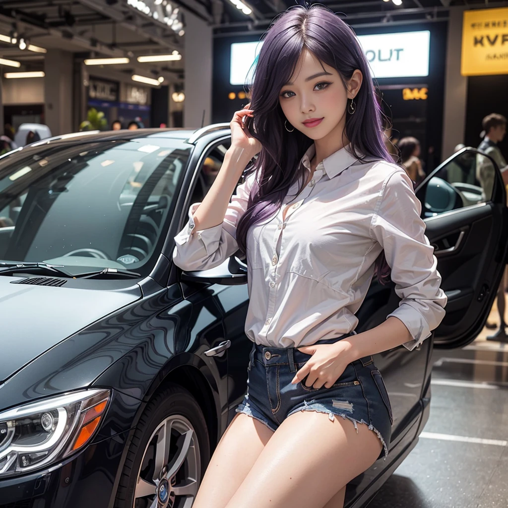 1 male standing, event staff (simple and chic costume), messy short bluish-purple hair, large expressive purple eyes, blush kind smile, (masterpiece best quality:1.2) delicate illustration ultra-detailed BREAK (standing next to the latest model car), (holding pamphlet) BREAK (motor show indoors), audience, detailed background