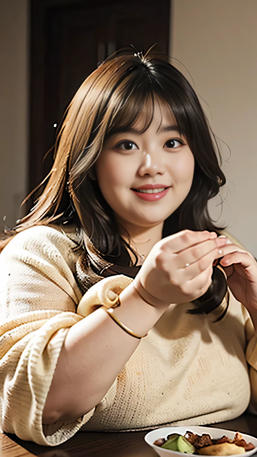 Fat Woman, Obese, Big Size, Round face, Double chin, Overweight,Shoulder-length fluffy hair , Eating deliciously,Looking at the camera,smile、