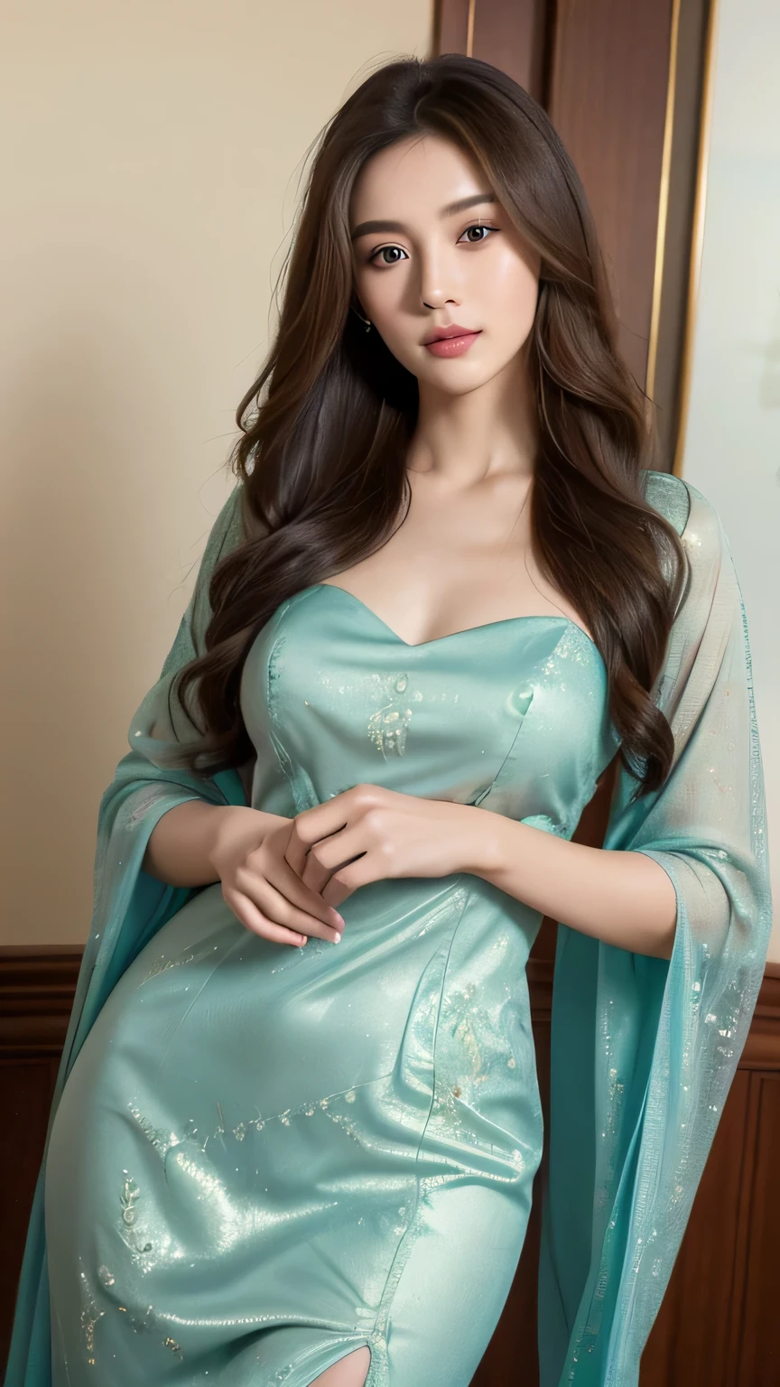 (best quality,4k,8k,highres,masterpiece:1.2),ultra-detailed,(realistic,photorealistic,photo-realistic:1.37),half body shot,beautiful detailed eyes,beautiful detailed lips,green eyes,photography,professional,vivid colors,portrait,brunette hair, natural long hair,28 years old, navy blue indoor background,soft lighting,medium:oil painting, wear full kebaya, closed mouth, no teeth showing, textured skin, real textured skin, body facing camera, closed mouth, closure dress