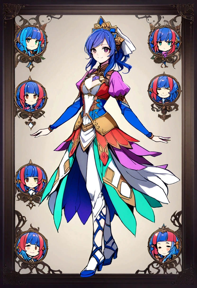 character design board, anime girl, design, just one character, clothes, rotation, fantasy clothes, complex design
