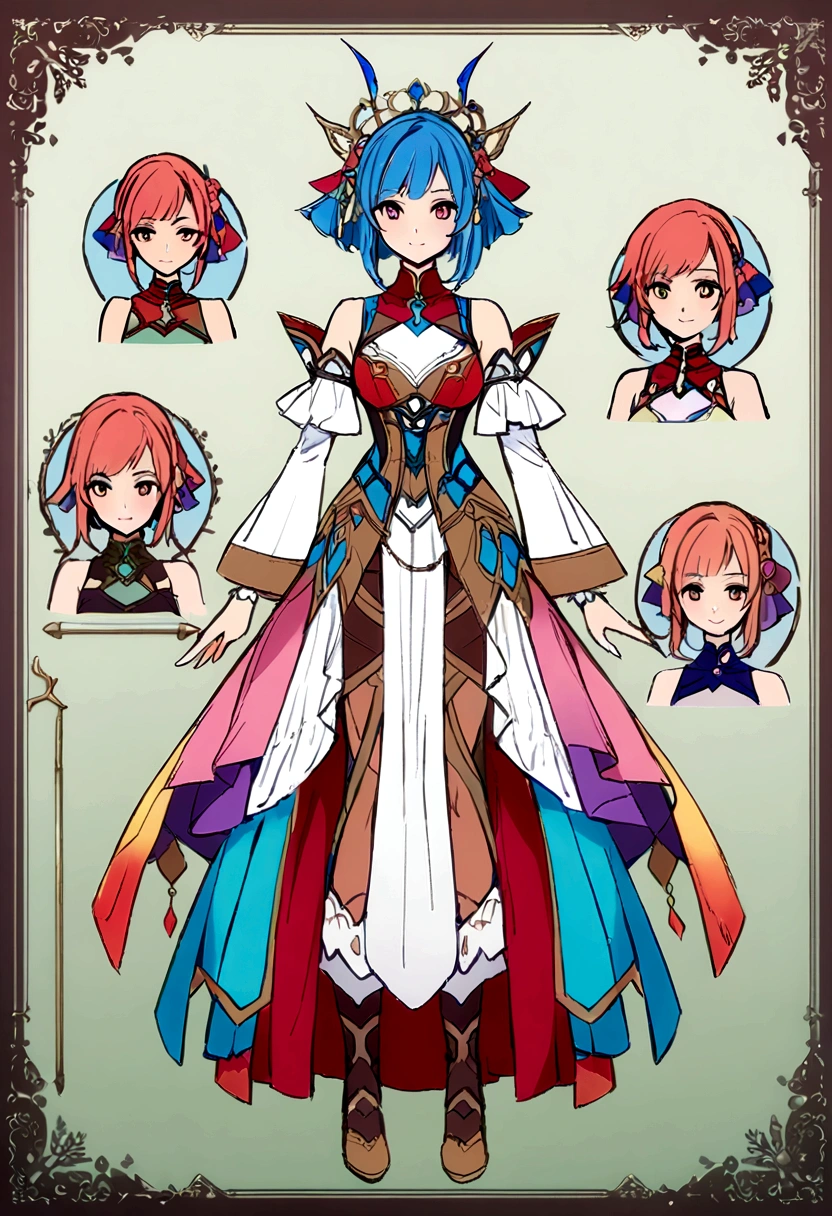 character design board, anime girl, design, just one character, clothes, rotation, fantasy clothes, complex design
