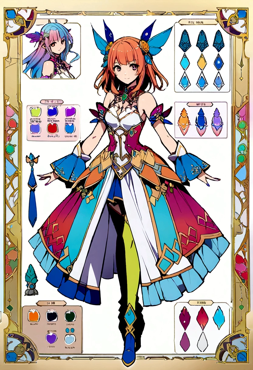 character design board, anime girl, design, just one character, clothes, rotation, fantasy clothes, complex design