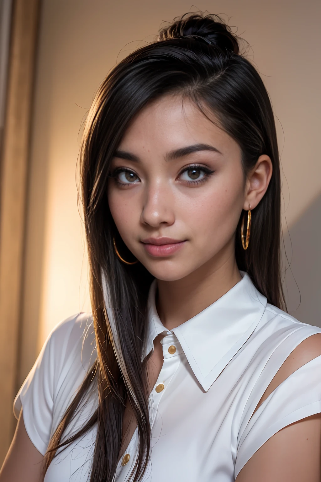 A young 19-year-old woman named Lila Nakamura with a mixed Asian and American heritage. She has thick dark black eyeliner, glossy lips, and a neutral to slight smile expression. She has straight, black hair with blonde highlights that falls just past her shoulders, styled in a neat and polished manner. Her eyes are almond-shaped with a light hazel color, accentuated by subtle eyeshadow and mascara. Her skin has a light to medium tone with a natural, fresh look, and she has a few delicate freckles across her nose. She is wearing a simple, professional outfit, consisting of a white blouse and dark jeans, and accessorized with small gold hoop earrings. The background is a neutral studio setting with soft lighting to highlight her features.