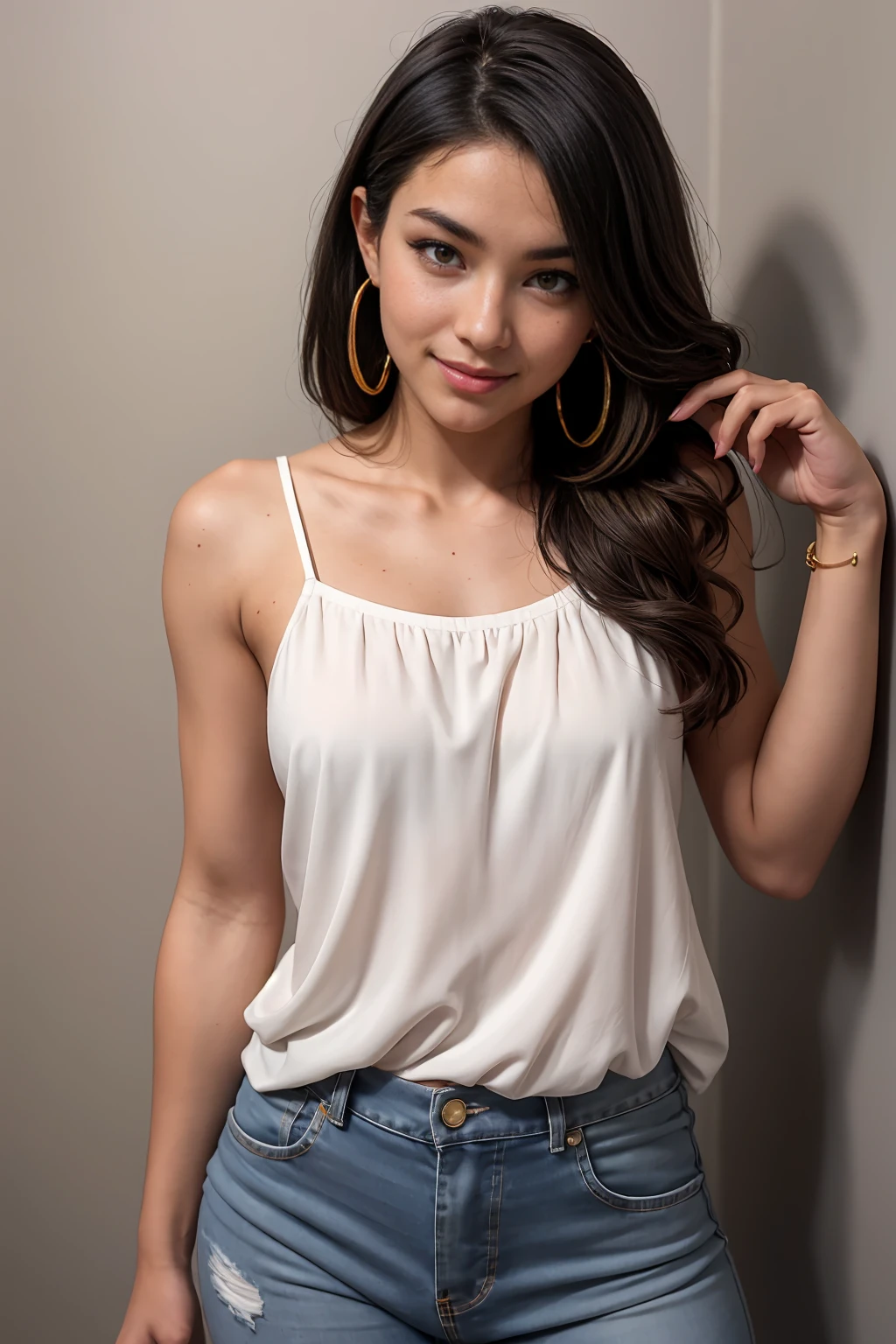 A young 19-year-old woman named Lila Nakamura with a mixed Asian and American heritage. She has thick dark black eyeliner, glossy lips, and a neutral to slight smile expression. She has straight, black hair with blonde highlights that falls just past her shoulders, styled in a neat and polished manner. Her eyes are almond-shaped with a light hazel color, accentuated by subtle eyeshadow and mascara. Her skin has a light to medium tone with a natural, fresh look, and she has a few delicate freckles across her nose. She is wearing a simple, professional outfit, consisting of a white blouse and dark jeans, and accessorized with small gold hoop earrings. The background is a neutral studio setting with soft lighting to highlight her features.